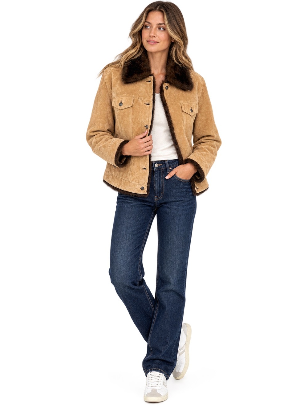 Wilsons Leather Maxima Genuine Suede Jacket XL Camel Faux Fur Lined Trucker